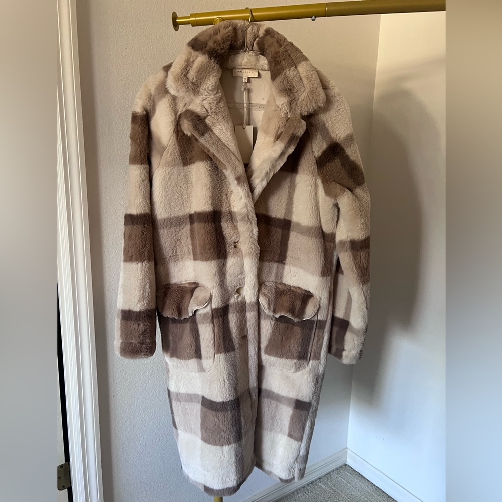 MELLODAY Cream & Brown Faux Fur Teddy Plaid Coat Women Med NWT
